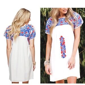 Buddy Love White Embroidered Mini Dress Blue Red Floral Boho Womens M